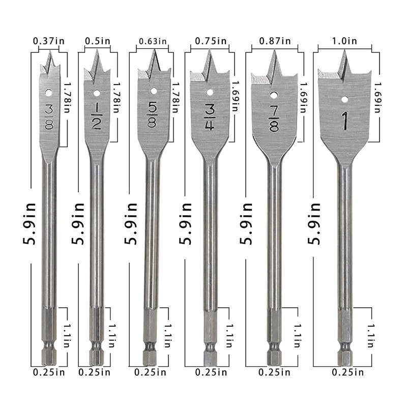FOITECHY (6pcs) Spade Drill Bits3/8“-1”,Hex Shank Drill Bit Set,Hole Cutter, Titanium Coating, Carbon Steel Heavy Duty Sturdy Woodworking Flat Boring Drill High Carbon Steel Paddle Silver - Image 2